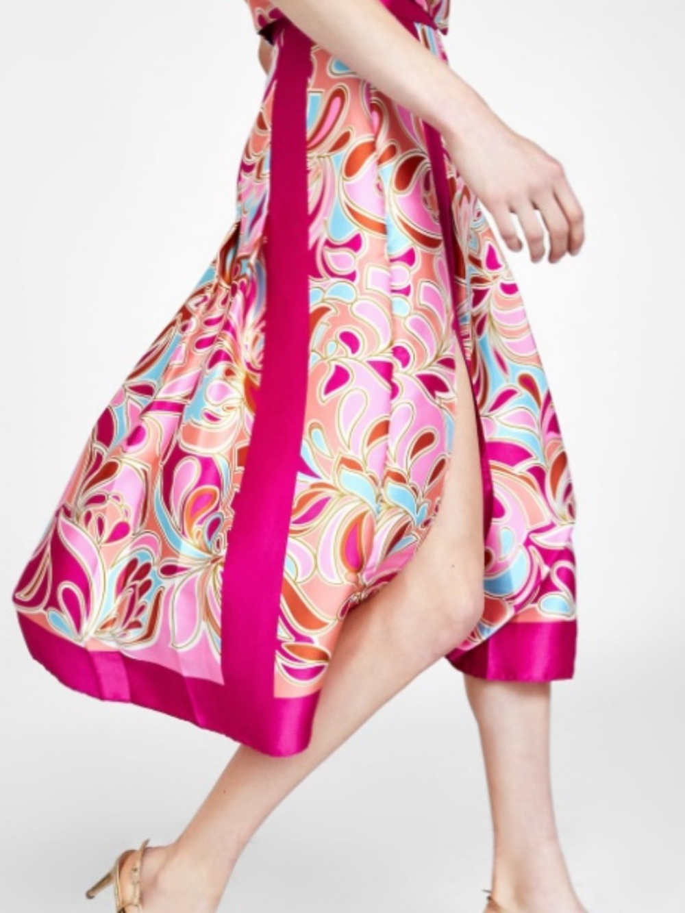 ZARA 70’s Print Midi Skirt with Bright Pink Trim Slits NEW